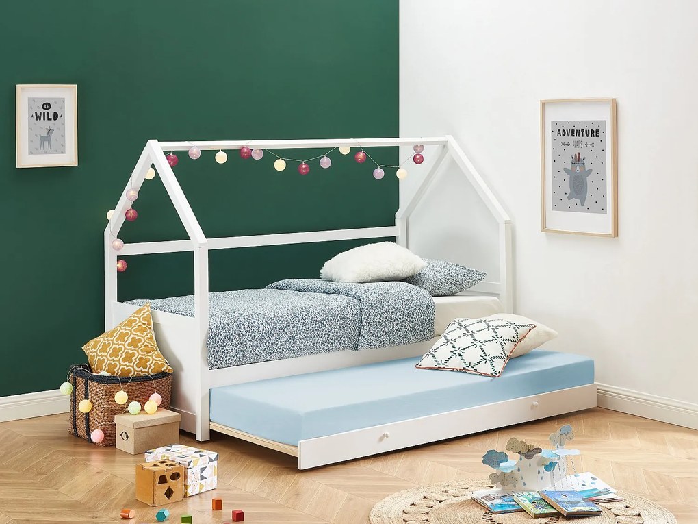 Łóżko wysuwane domek 2 szuflady 2 x 90 x 190 cm – Drewno sosnowe – Białe + Materac – HURRA