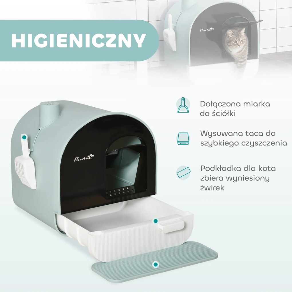 PawHut kuweta dla kota z filtrem powietrza dla kotów do 5 kg, kolor zielony + biały + czarny, dł. 43 x szer. 44 x wys. 47 cm | Aosom PL