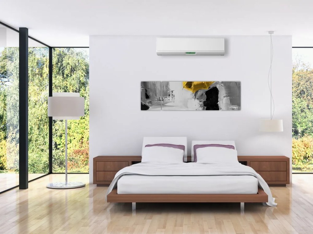 Obraz - Zakochana para pod parasolem, żółty (170x50 cm)