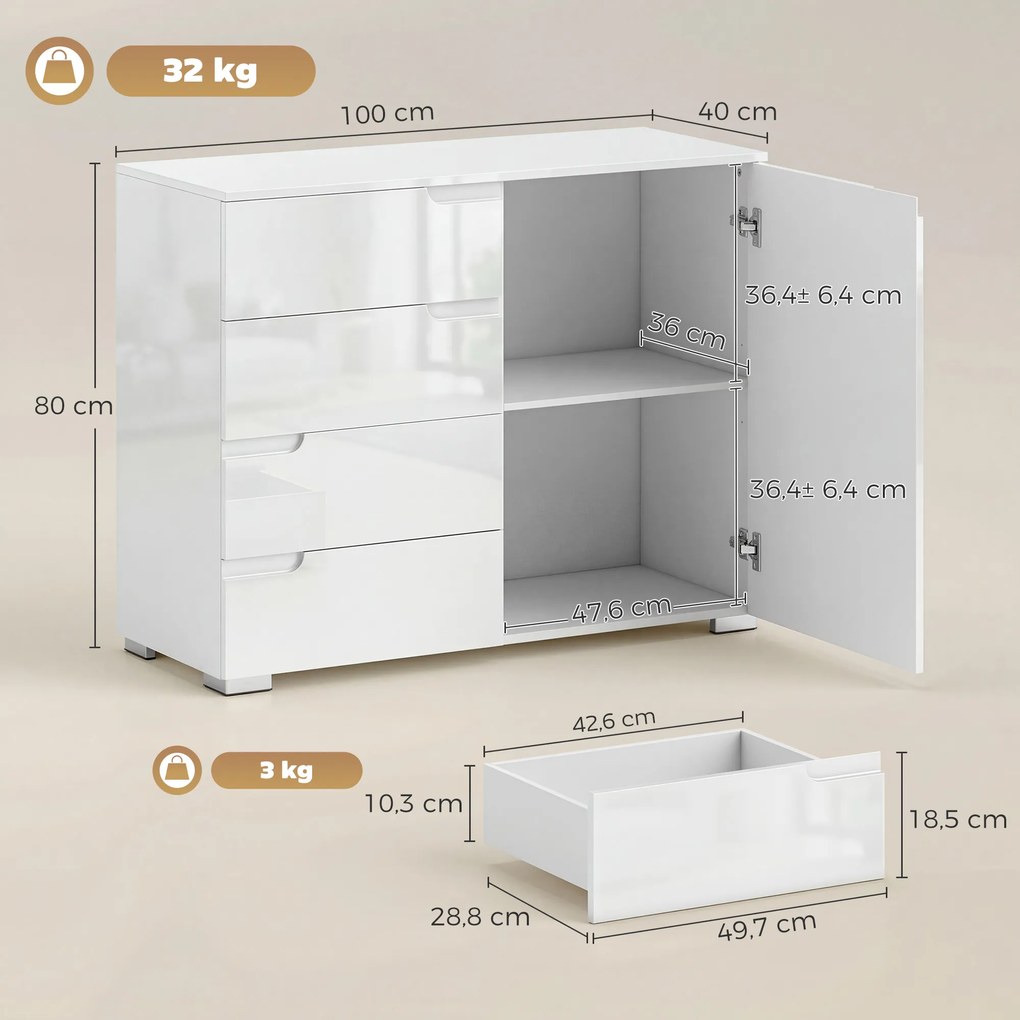HOMCOM Komoda z 4 szufladami Sideboard z 1 drzwiami, z regulowaną półką, do salonu i sypialni 100 x 40 x 80 cm | Aosom PL