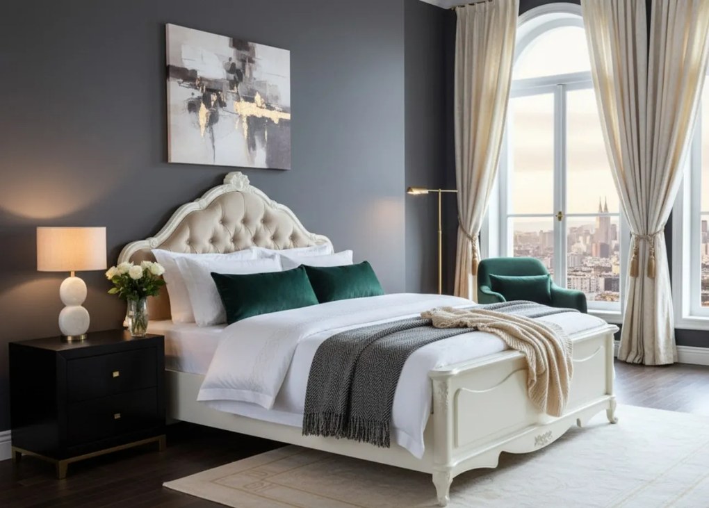 Bogato zdobione łóżko ecru 140x200 cm, zagłówek tapicerowany, pikowany kryształkami. Piękne eleganckie łóżko glamour do stylowej sypialni.