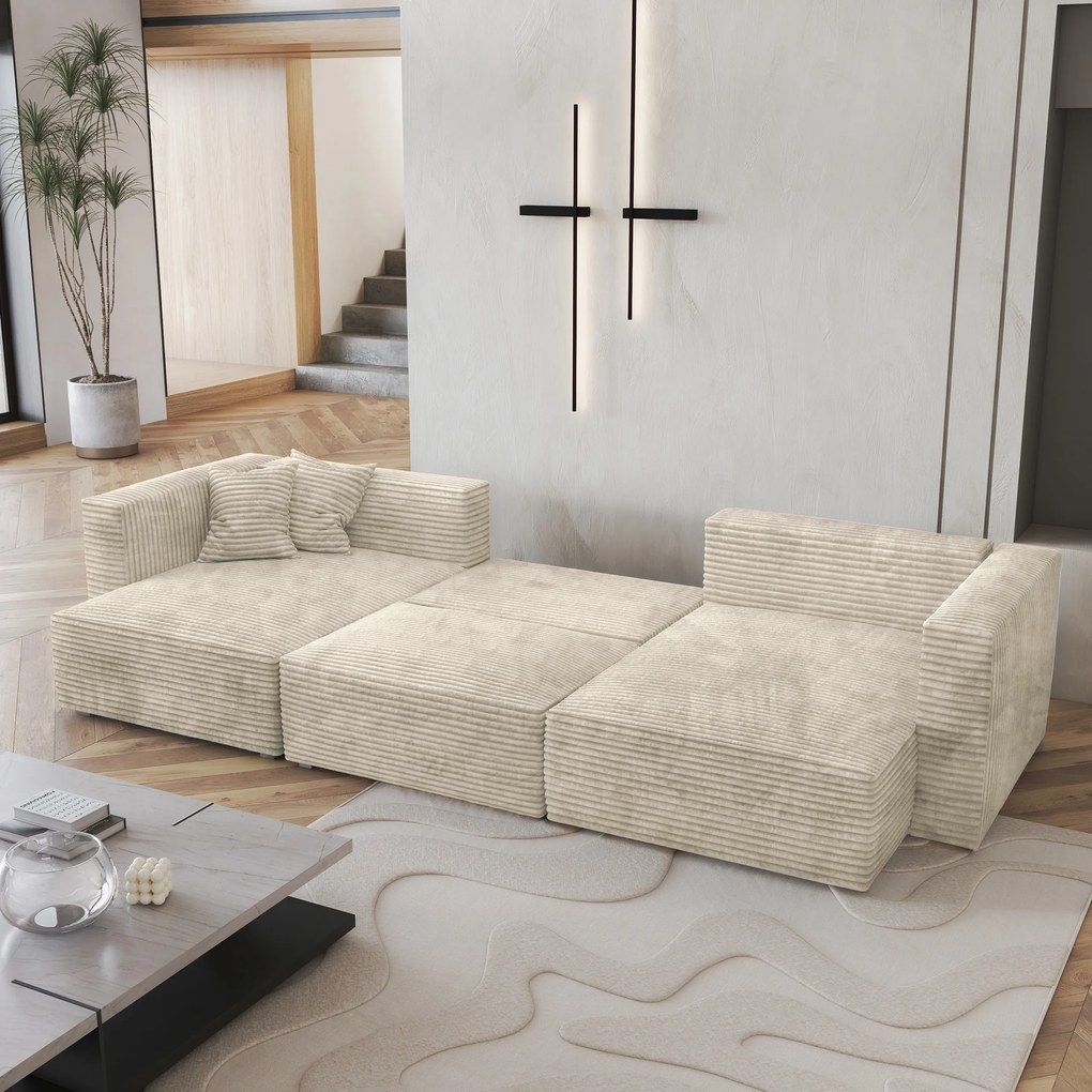 Masseno Narożnik SARMO z funkcją spania i pojemnikiem na pościel Narozniki U, Rozkładana sofa - Kremowy, TILIA 03