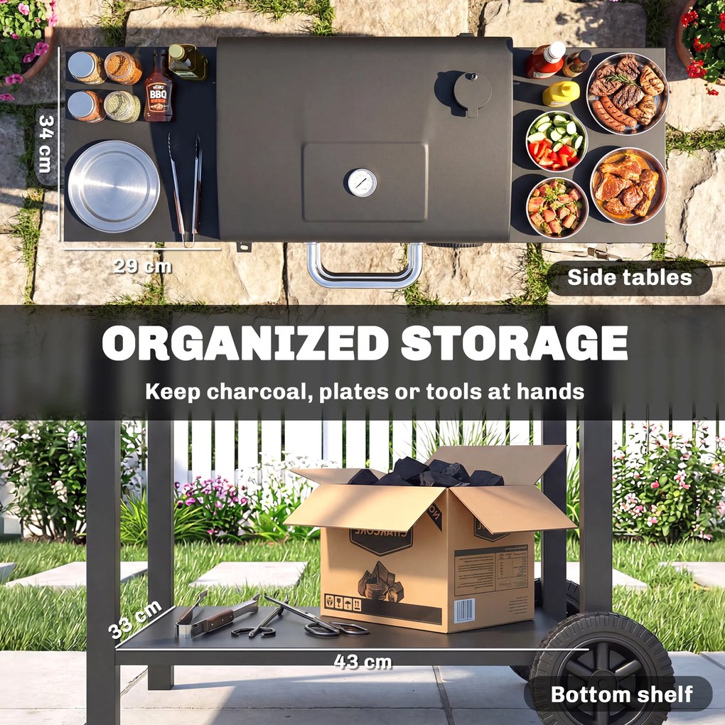 Outsunny Grill węglowy z pokrywą, BBQ Smoker z 2 bocznymi stolikami, dużą powierzchnią grillową, rusztem, termometrem i kółkami | Aosom PL