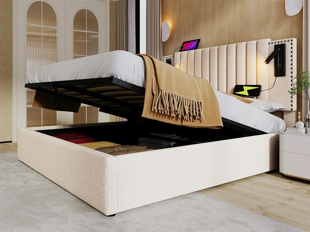 Łóżko z pojemnikiem 140x200cm z tkaniny bawełnianej - z lampkami do czytania i portami ładowania USB - z stelażem na listwach - Beżowe