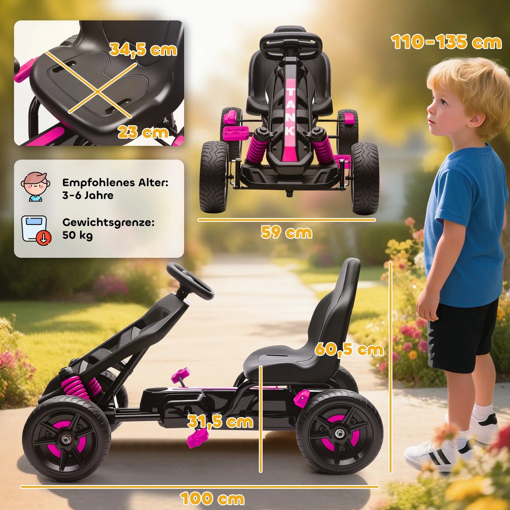 AIYAPLAY Gokart na pedały, pojazd na pedały dla dzieci z hamulcem, antypoślizgowe koła, metalowa rama, 3-6 lat, Różowy | Aosom PL