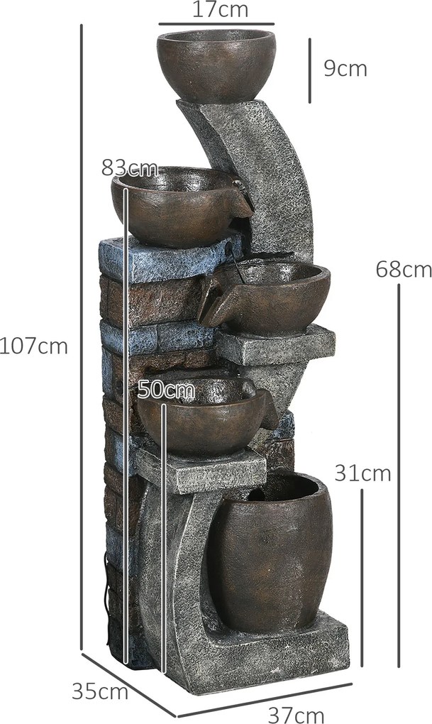 Outsunny Fontanna Ogrodowa, Styl Ceglanym, 5-stopniowa, Zasilana Słonecznie, Diodami LED, 107cm, Żywica Syntetyczna, Szary/Brąz