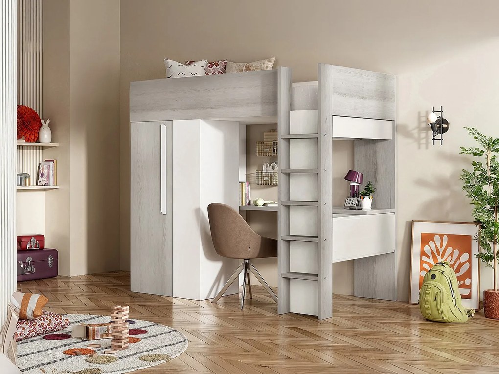 Łóżko antresola 90 x 200 cm z szafą i biurkiem - Naturalny poszarzony i biały + Materac - NICOLAS