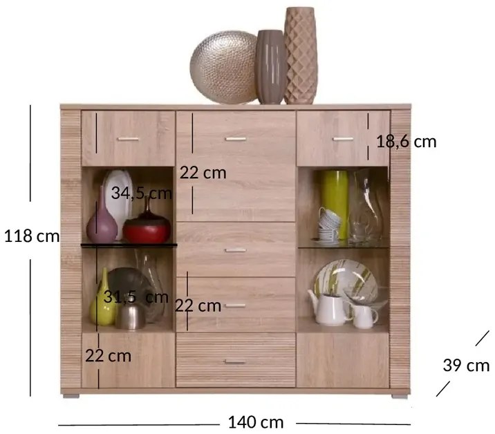 Komoda z witryną i barkiem dąb sonoma A4-L60