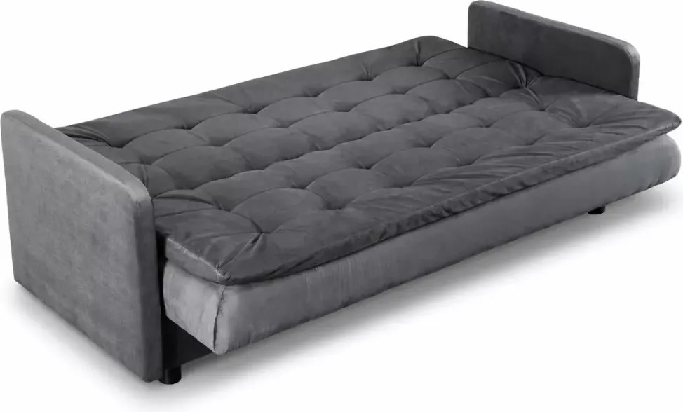 Sofa rozkładana Fritkit szara – nowoczesna welurowa kanapa z funkcją spania i pojemnikiem