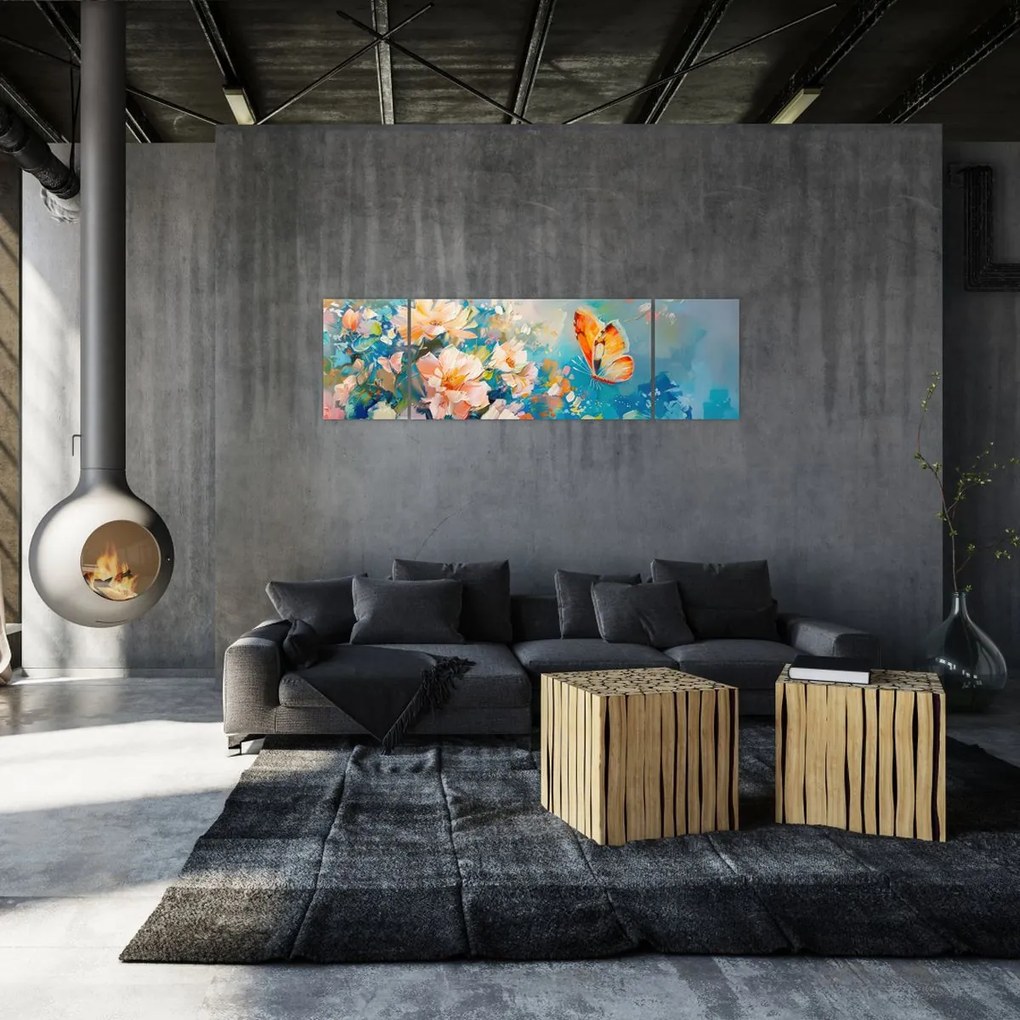Obraz - Motyl i kwiaty, obraz olejny II. (170x50 cm)