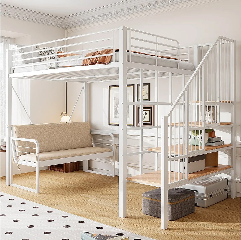 Łóżko piętrowe dla dzieci - 140 x 200 cm - z wyjmowaną sofą + drabinka ze schowkiem - rama metalowa - białe