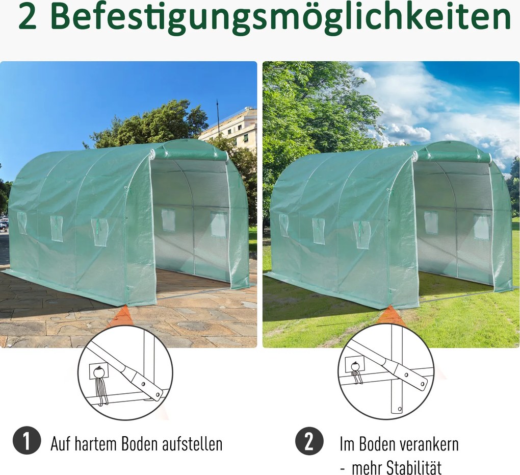 Szklarnia Outsunny 500x200x205cm, Tunel foliowy do pomidorów, Drzwi z moskitierą, Okna, Tunel foliowy ze stali ocynkowanej, Stabilny tunel do uprawy roślin, Szklarnia w komplecie z kotwami do ziemi i linami, Zielony