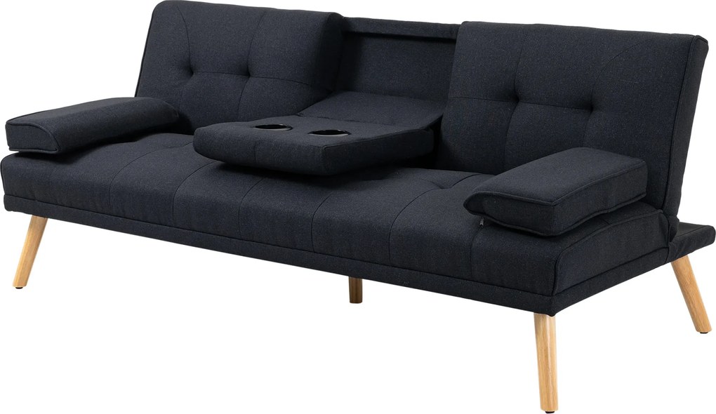 HOMCOM Sofa do spania, rozkładana z regulowanym oparciem, składany stolik, 181x77x78 cm, Szara/Drewno
