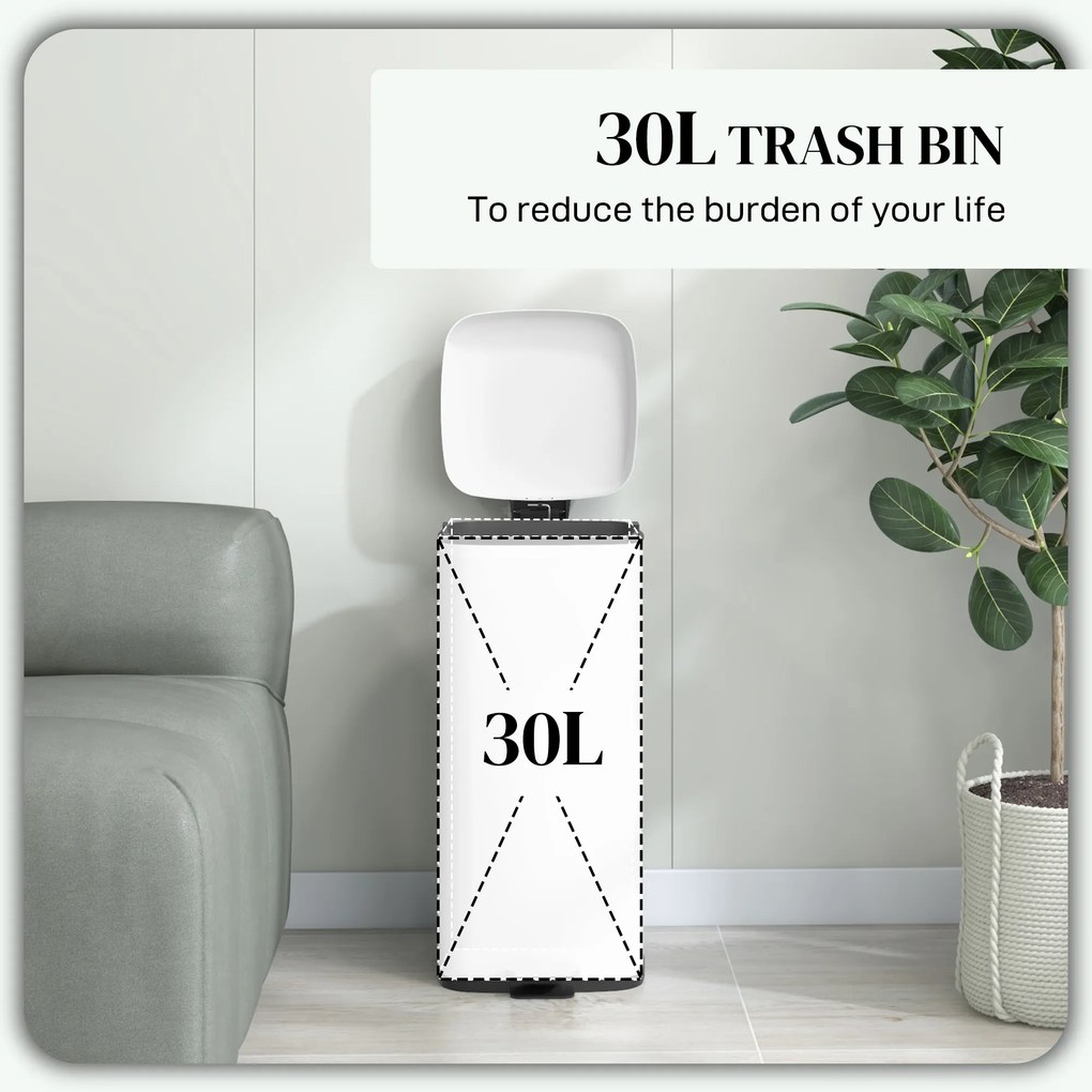 HOMCOM Kosz na śmieci 30L, pokrywa Soft-Close, odporny na odciski, pedał, Metal/Tworzywo sztuczne, 28x35x63,5 cm, Biały