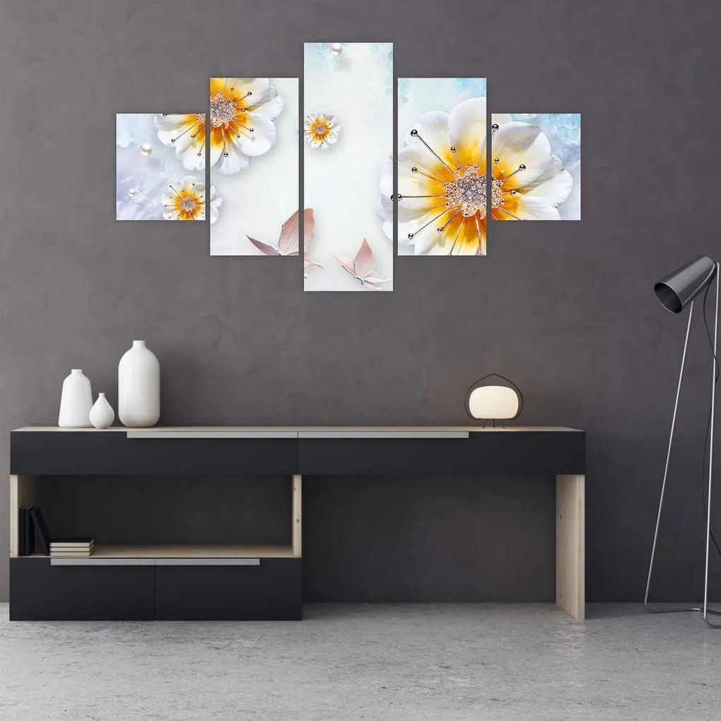 Obraz - Kompozycja z kwiatami i motylami (125x70 cm)