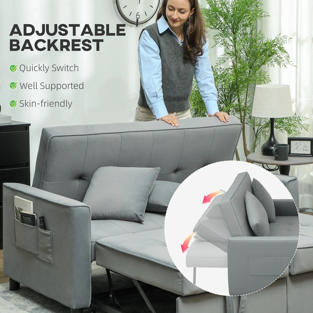 HOMCOM Sofa 4 w 1, regulowana sofa, sofa łóżko, z poduszkami, obicie z tkaniny, do salonu, sypialni, szara