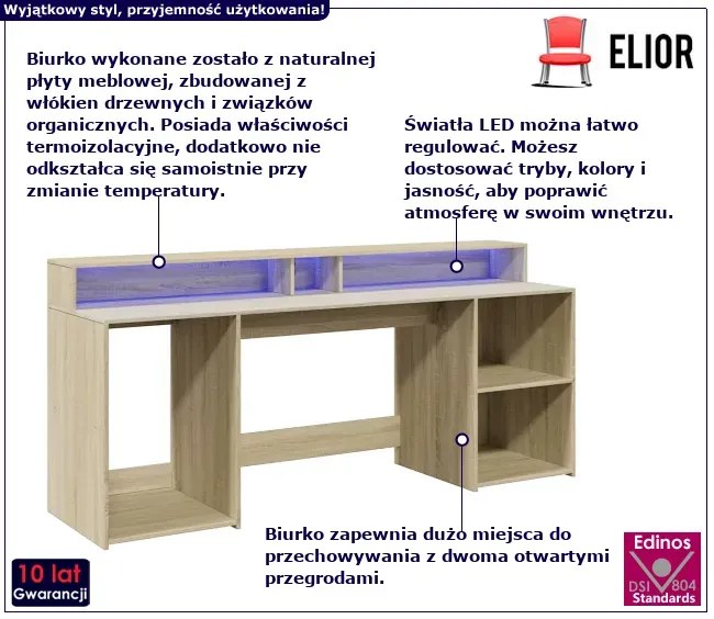 Podświetlane biurko 200 cm dąb sonoma Corina 2X