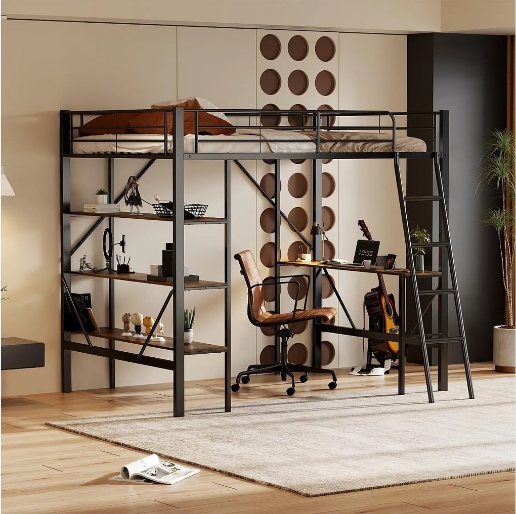 Łóżko antresolowe 90x200 cm z biurkiem i 3 półkami do przechowywania, czarne – bez materaca