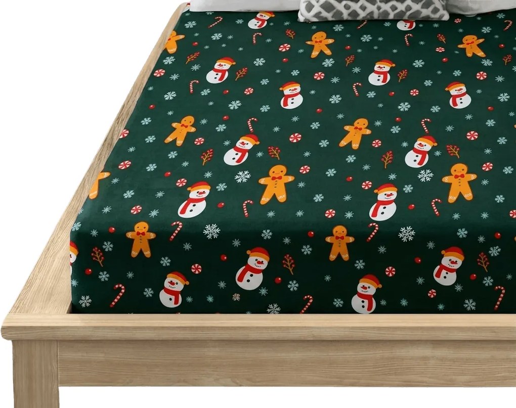 PrzytulneMieszkanie.pl Prześcieradło z mikrofibry SNOWMAN AND GINGERBREAD zielone 90x200 cm