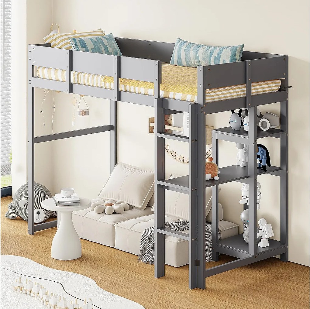Łóżko piętrowe dla dzieci - 90 x 200 cm - z półką do przechowywania - drewno + MDF - szare