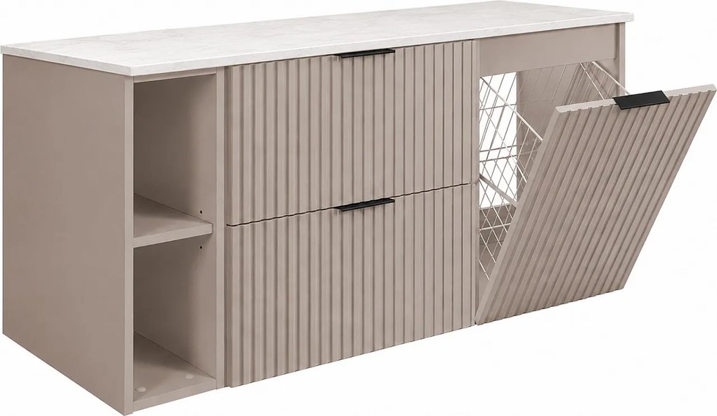 Zestaw szafek łazienkowych z koszem na pranie, Kaszmir / Blat Marmur Bianco / Uchwyty Czarne, 120 x 57 x 46 cm