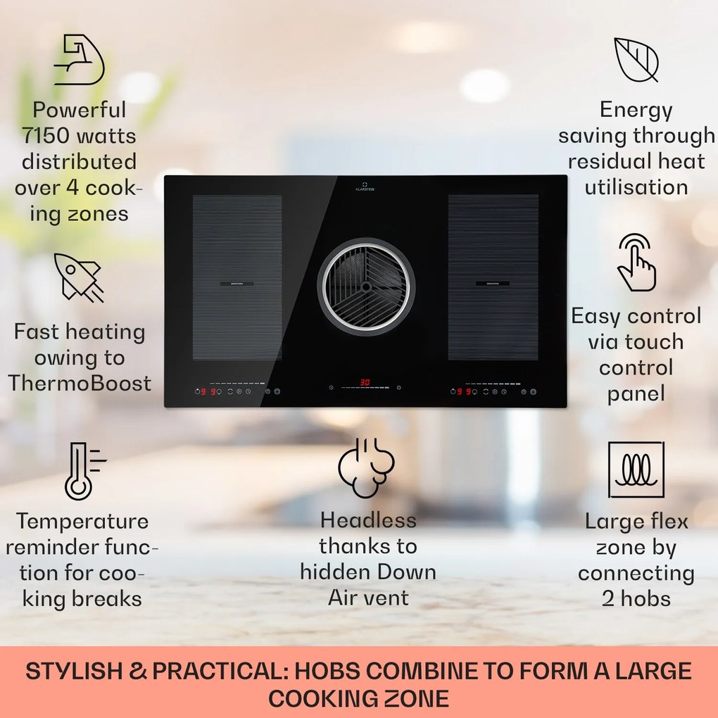Klarstein Full House 653m³/h 90cm 4 Strefy Płyta Indukcyjna z Okapem Czarny