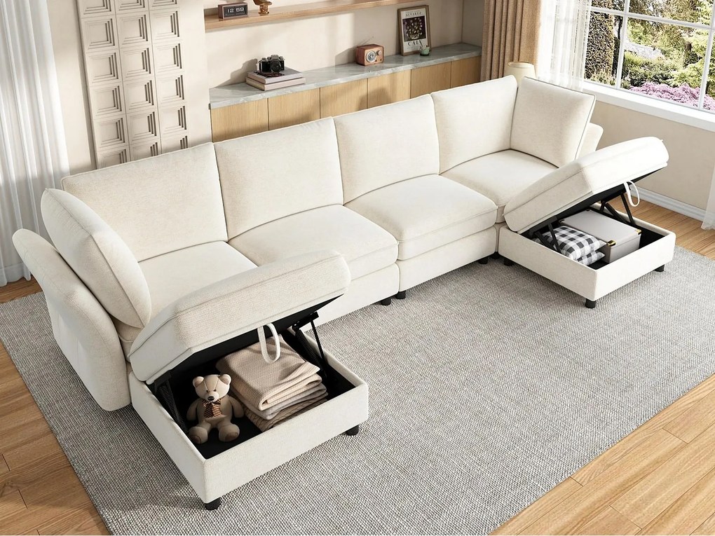 Modułowa sofa narożna U/L 6-7-osobowa z 2 pufami ze schowkiem, sofa „Efekt Chmury” z miękkiej i ergonomicznej szenili - beżowy
