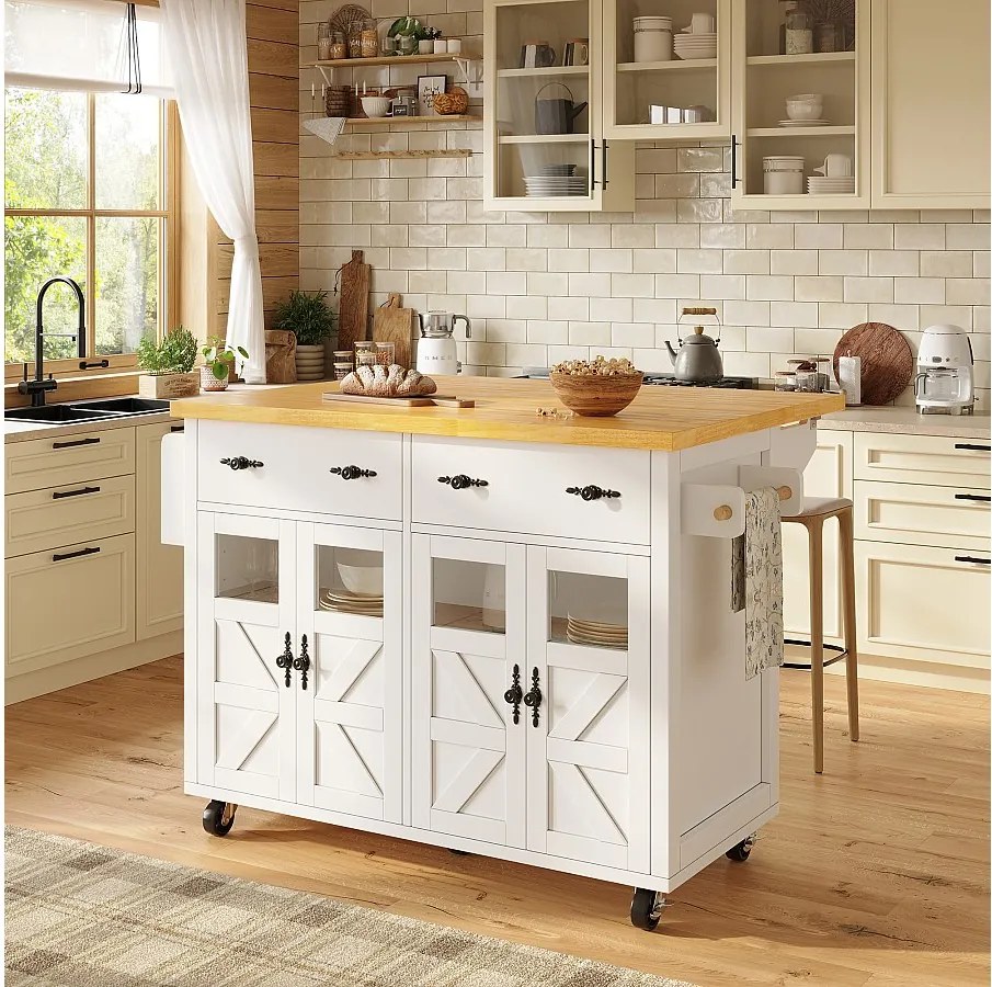 Biała wyspa kuchenna - Wózek kuchenny z 2 szufladami i 4 drzwiami - Półka na przyprawy i ręczniki