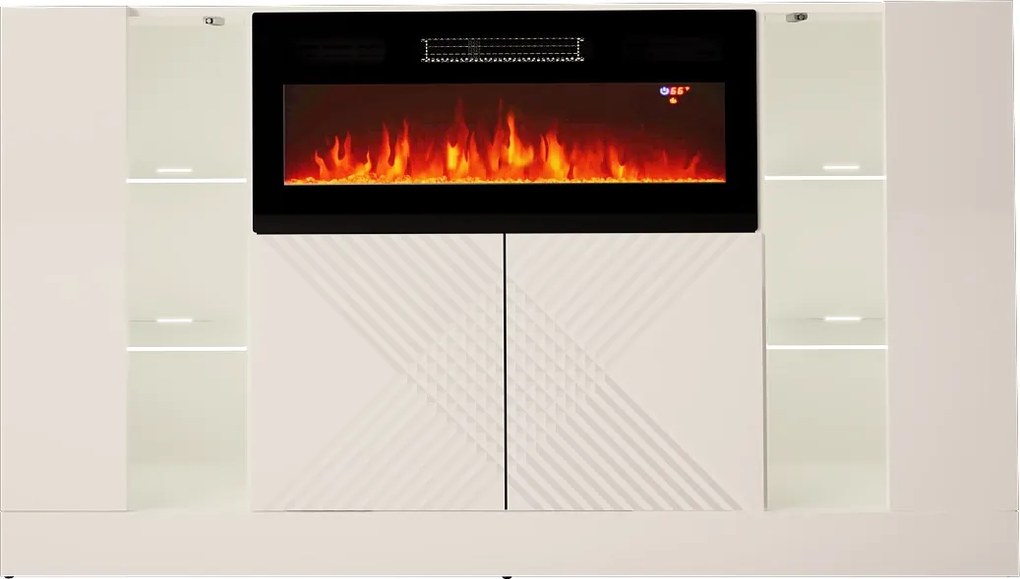 Biała komoda z kominkiem elektrycznym i oświetleniem Diuna 1