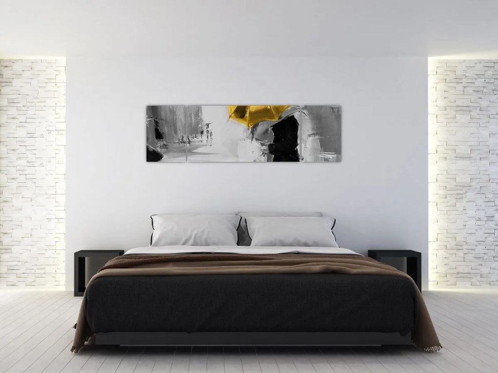 Obraz - Zakochana para pod parasolem, żółty (170x50 cm)