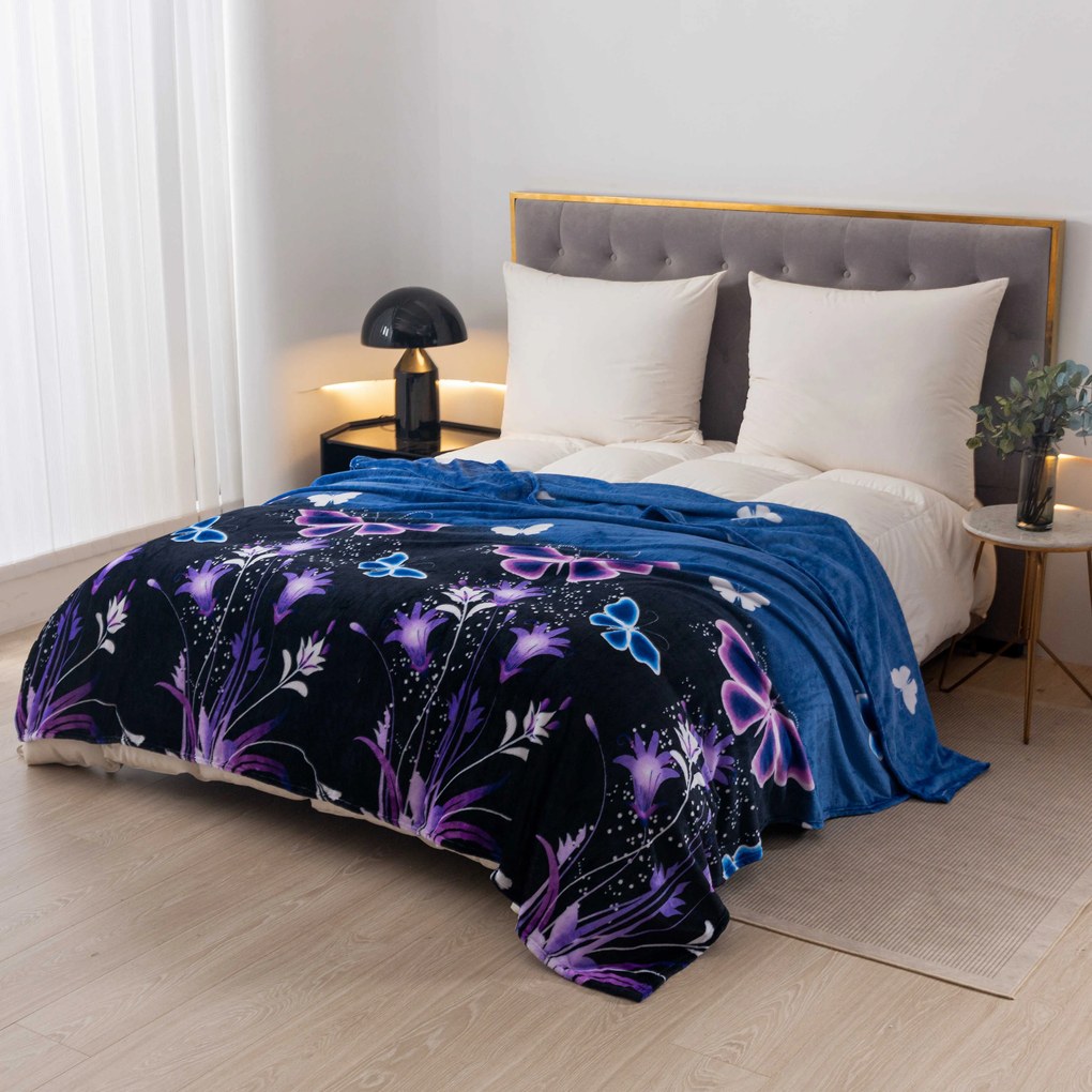 Koc z mikropluszu VIOLET BUTTERFLY ciemnoniebieski Rozmiar: 200 x 220 cm