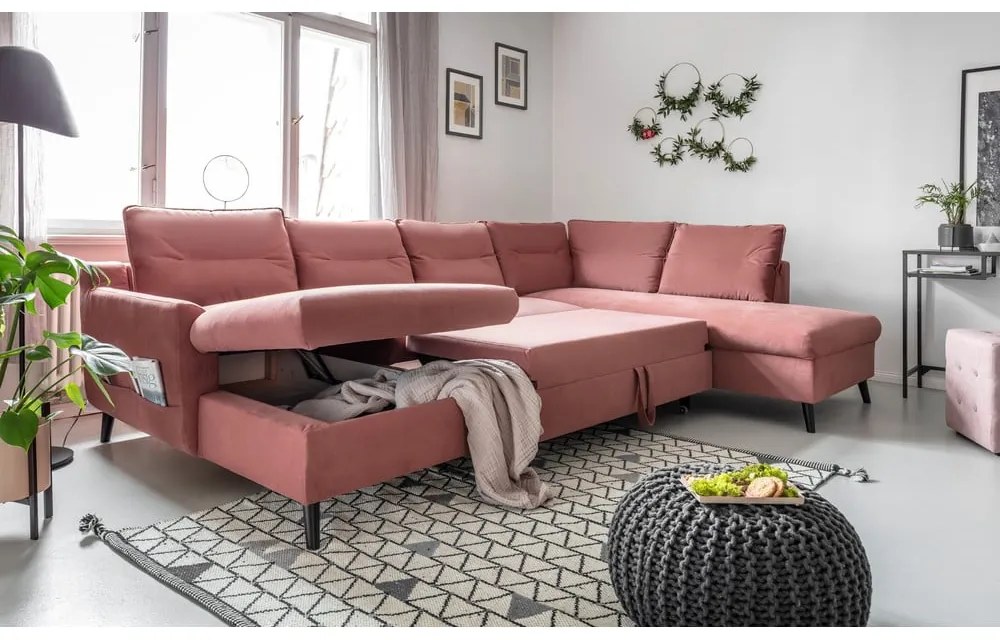 Różowa aksamitna rozkładana sofa w kształcie litery "U" Miuform Stylish Stan, prawostronna