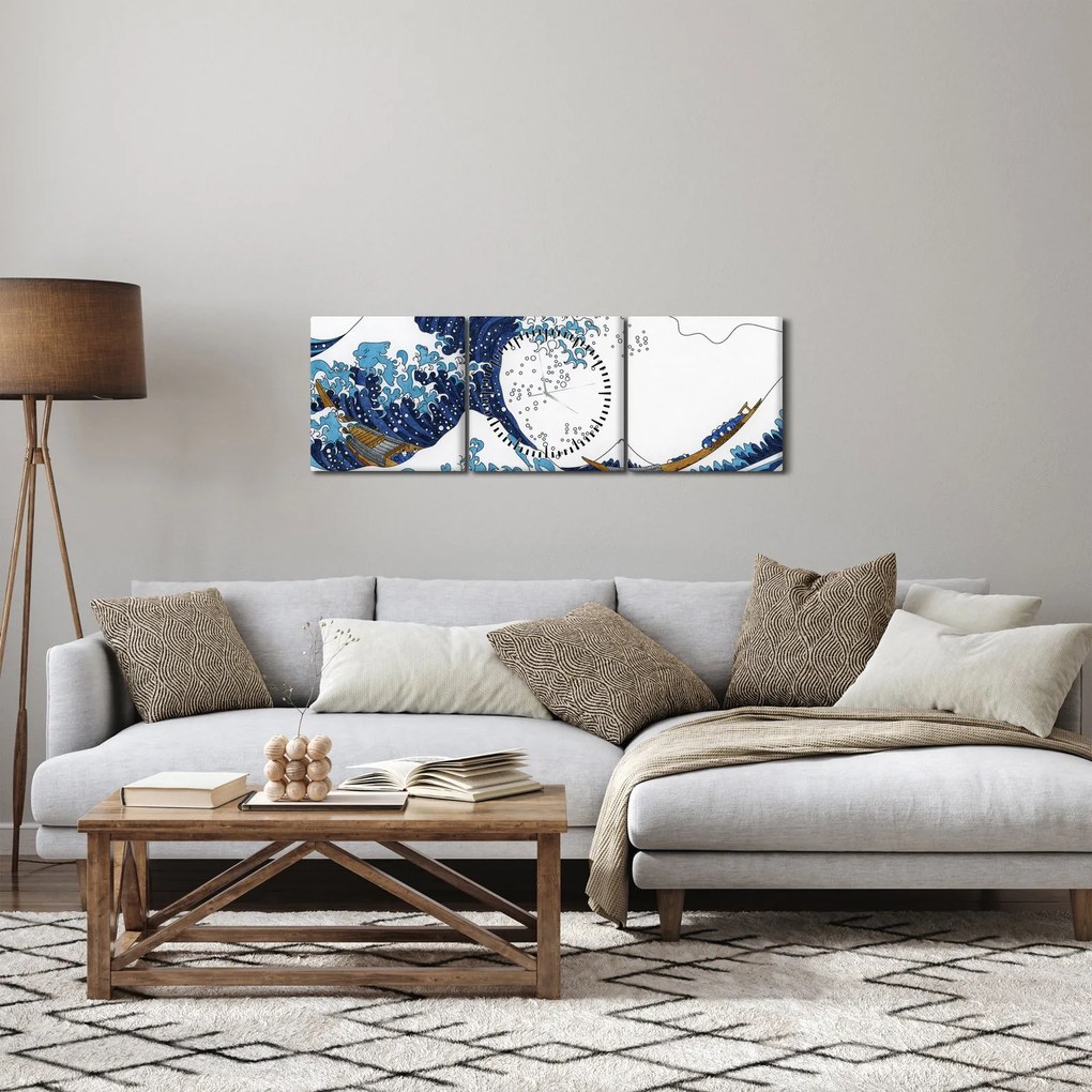 Obraz - Japoński rysunek, fale (z zegarem) (90x30 cm)
