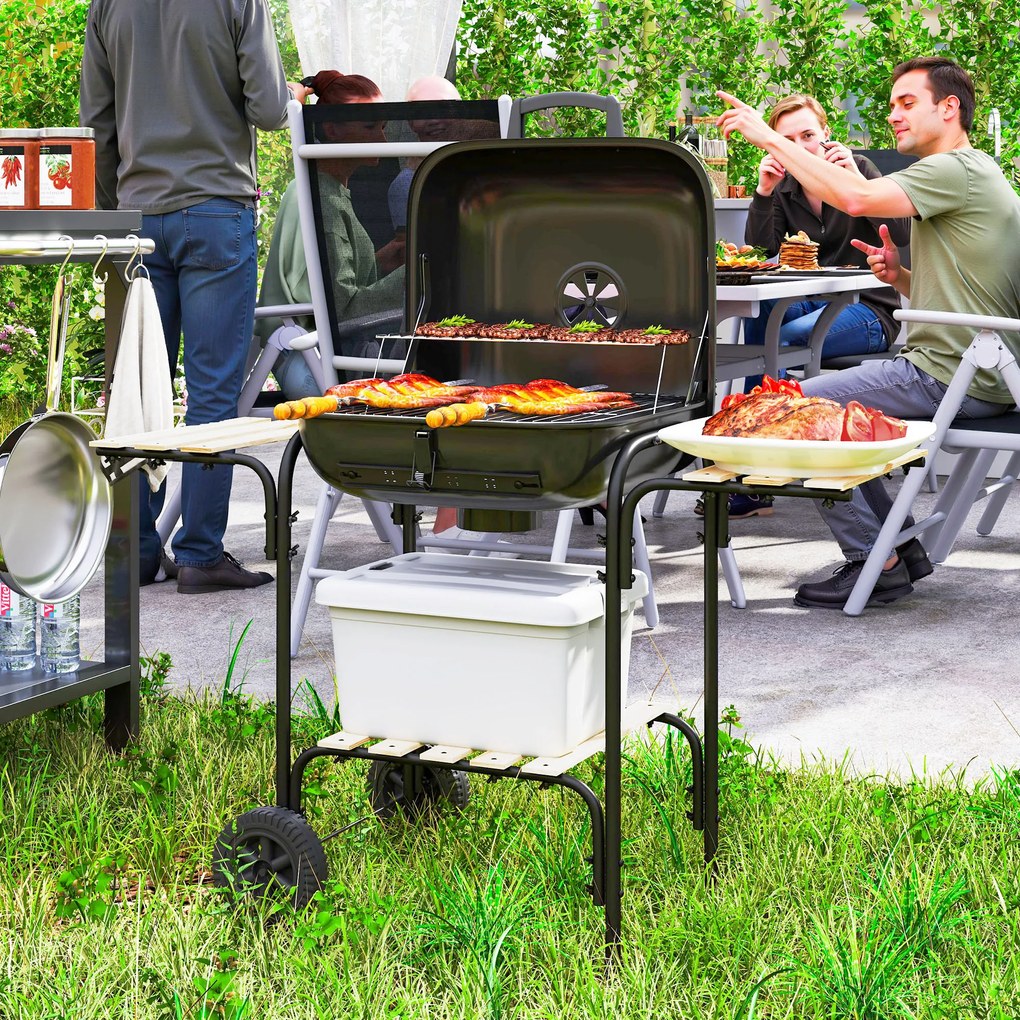 Outsunny Grill węglowy ze stali, przenośny, z zamykaną pokrywą, rusztem, kółkami i półkami, 98 x 54 x 91 cm, czarny | Aosom PL