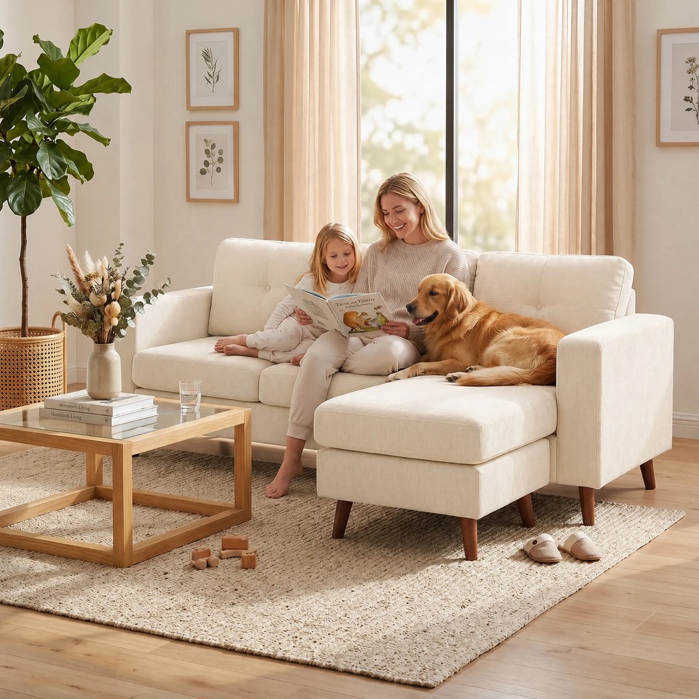 HOMCOM Narożnik 192 cm L-kształt 3-osobowa sofa z odwracalnym szezlongiem, wygląd sztruksu, do małych pomieszczeń, kremowo-biały | Aosom PL