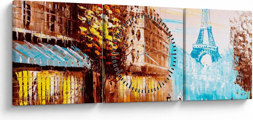 Obraz - Deszczowa pogoda i wieża Eiffla (z zegarem) (90x30 cm)