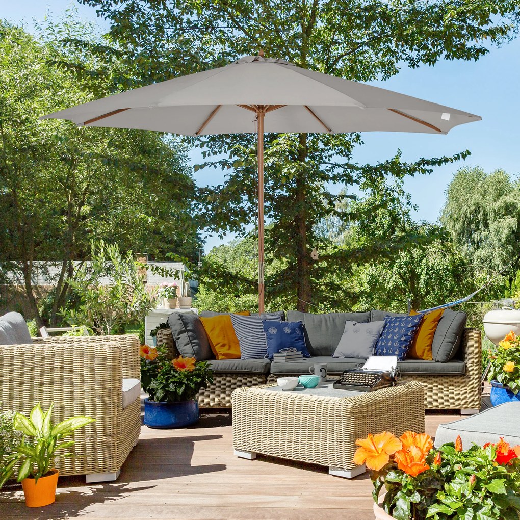 Outsunny Parasol Ogrodowy Drewniany z Mechanizmem 300 cm Szary