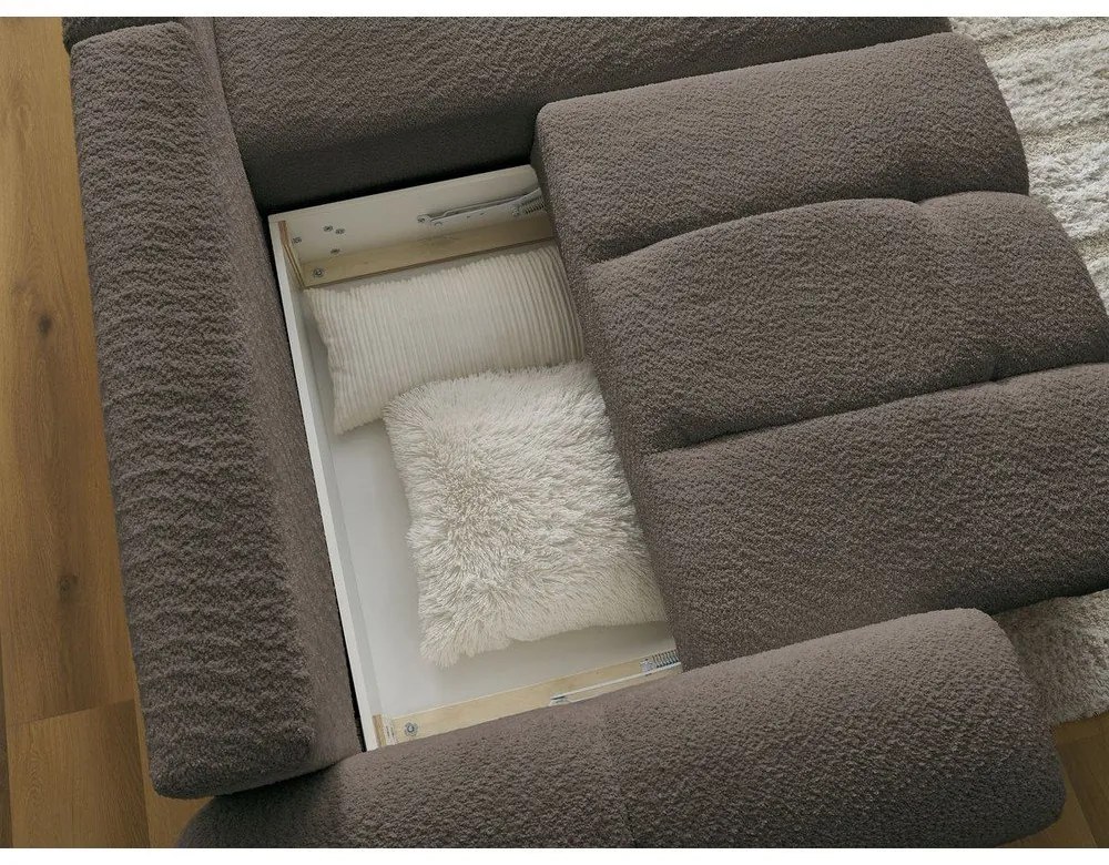 Brązowy rozkładany narożnik z materiału bouclé ze schowkiem (prawostronny/z szezlongiem) Roxelane – Bobochic Paris