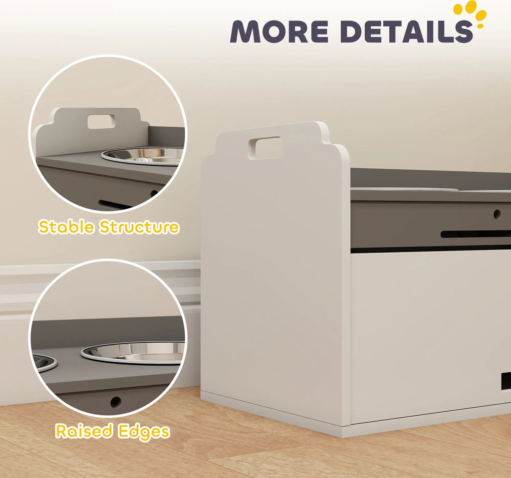 PawHut Podwyższana miska z szafką do przechowywania, 2 miski z pierścieniami antypoślizgowymi, 60 x 30 x 35,5 cm, Biały | Aosom PL