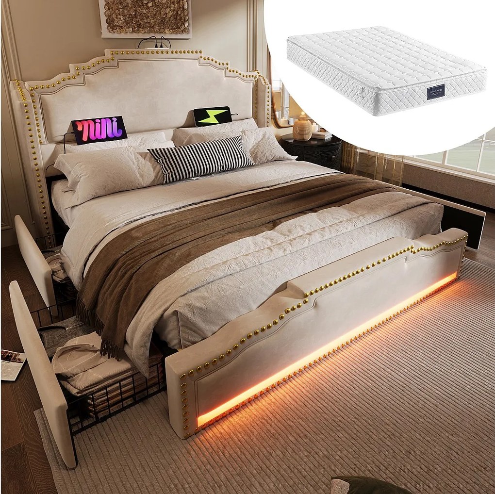 Łóżko tapicerowane podwójne ze schowkiem - 160 x 200 cm - z 4 szufladami + LED + USB - z materacem - aksamit - beż