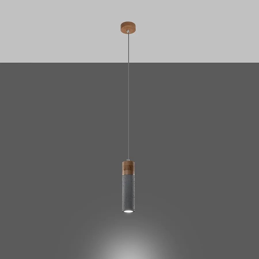 Lampy wiszące industrialny Avier, betoNie dotyczyrewno - 1 źródło światła 3000K - L.10 x H.120 cm - szary/naturalne drewno