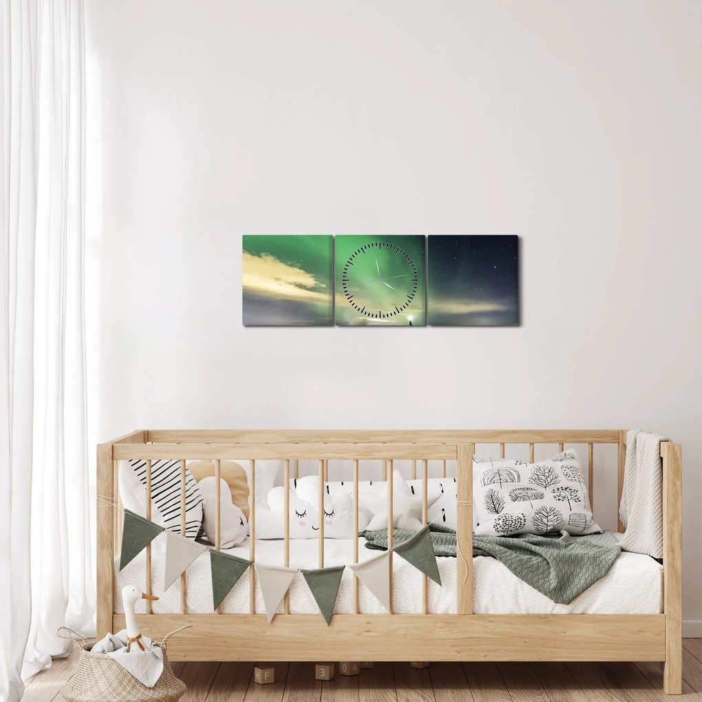Obraz zorzy polarnej (z zegarem) (90x30 cm)