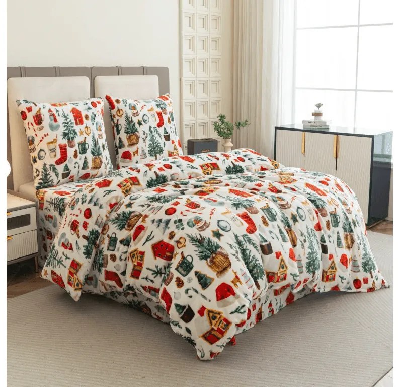 PrzytulneMieszkanie.pl PrzytulneMieszkanie.pl PrzytulneMieszkanie.pl Zestaw 2 sztuk pościeli z mikropluszu FESTIVE MAGIC białe + prześcieradło z mikropluszu SOFT 180x200 cm białe, podwójne łóżko