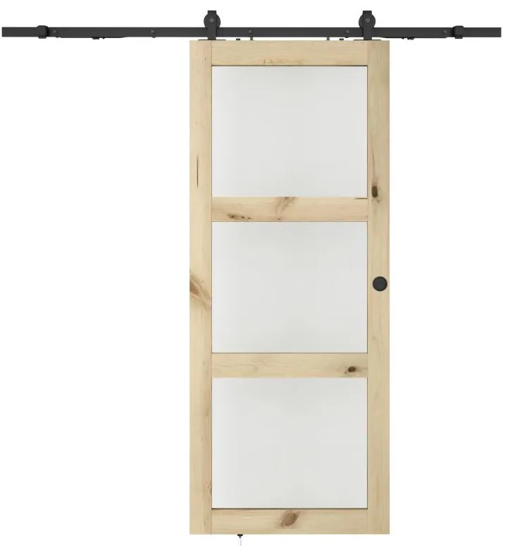 Drzwi przesuwne z szyną natynkową i 3 szybami - wys. 205 x szer. 63 cm - płyta MDF naturalna - Matowe szkło hartowane - ACOSTA II