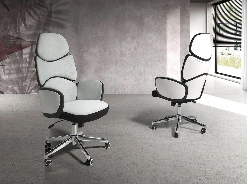 Obrotowe krzesło biurowe z jasnoszarej tkaniny i błyszczącego białego PCV 4142 ANGEL CERDA