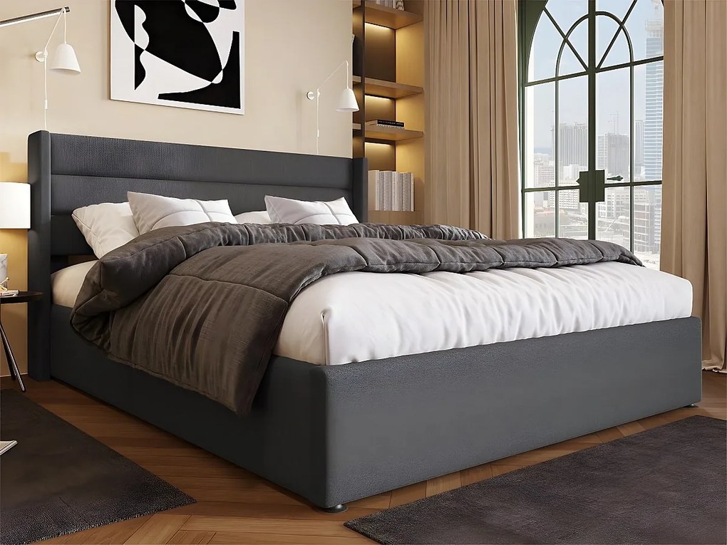 Łóżko 180x200cm z lnu z stelażem na listwach - Szare