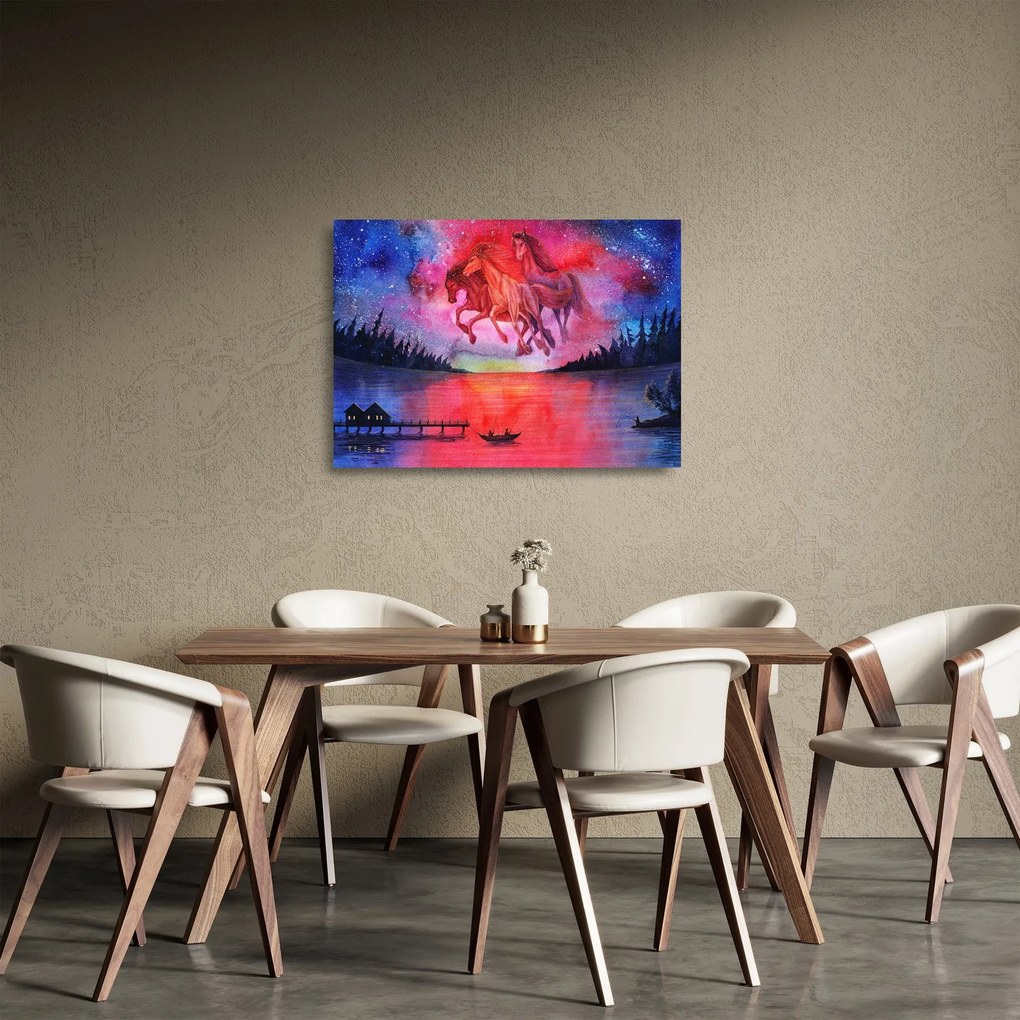 Obraz na szkle - Pojawienie się kosmicznych koni nad jeziorem, akwarela (70x50 cm)