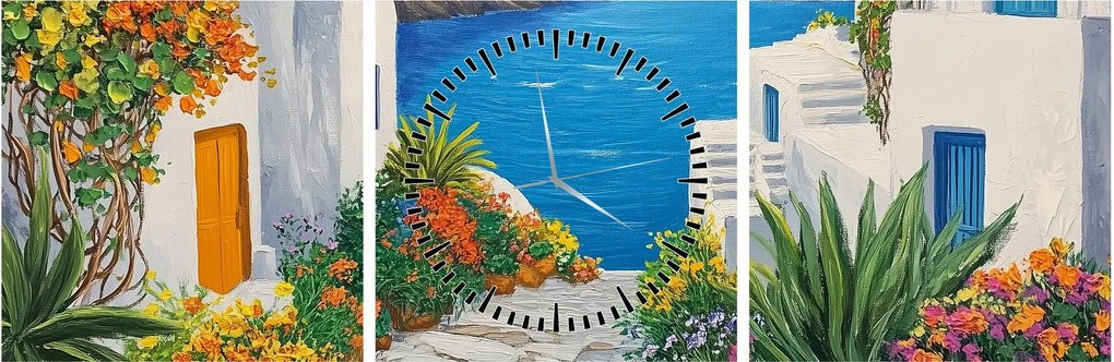 Obraz - Grecka uliczka (z zegarem) (90x30 cm)
