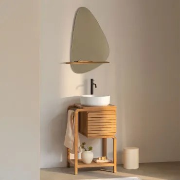 Zestaw Mebli Łazienkowych Z Drewna Tekowego Bradley Okrągły Ceramiczny Biały Ø40 Cm Lenka & Czarny Matowy ↑30 Cm Z Zaworem Spustowym Bez Przelewu Orve