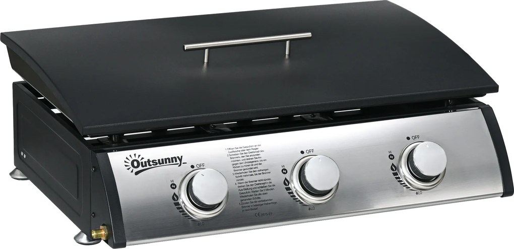 Outsunny Grill gazowy z pokrywą, 3 palniki, tłuszcz zatrzymywany w tacy, płyta z powłoką nieprzywierającą, 63x47x25 cm, Czarny/Srebrny